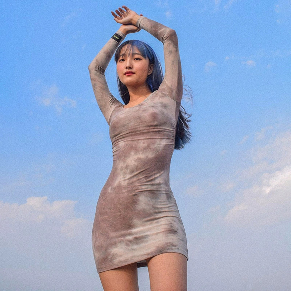 Zara Tie Dye Print Round Neck Long Sleeve Short Bodycon Dress